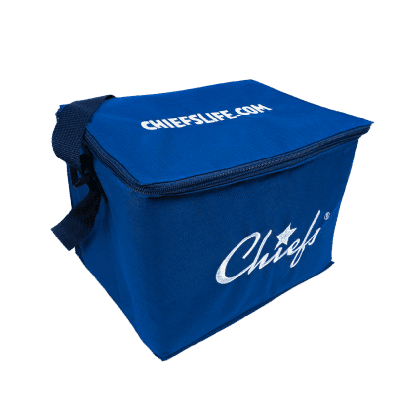 Blaue Kühltasche mit Chiefs Logo Aufsicht