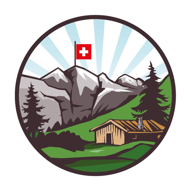 Schweizer Berge mit Alphütte, Tannen und Schweizer Flagge