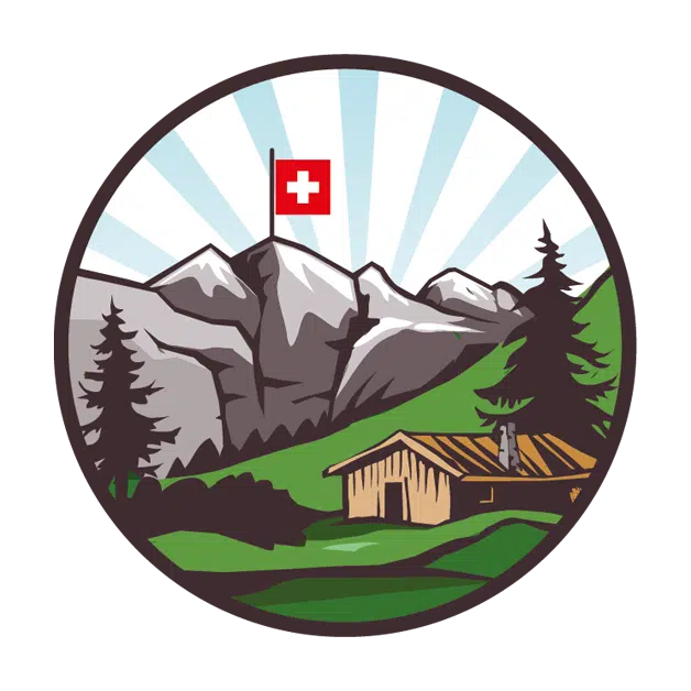 Schweizer Berge mit Alphütte, Tannen und Schweizer Flagge