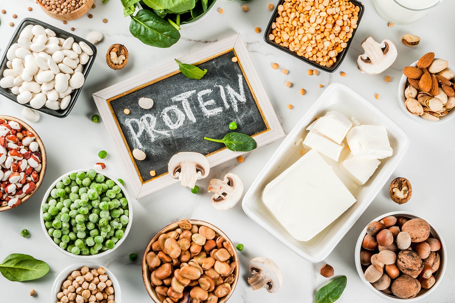 Natürliche und gesunde Proteine wie Tofu, Erbsen, Nüsse, Käse, Bohnen, Linsen