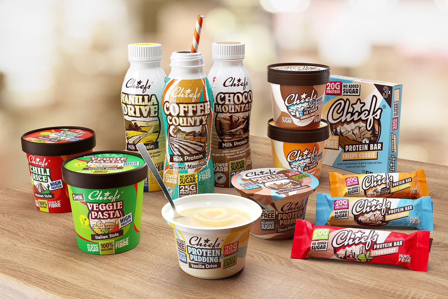 Chiefs Sortiment mit proteinreichen und kalorienarmen Produkten ohne Zuckerzusatz