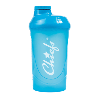 Blue shaker with Chiefs logo for protein shakes
