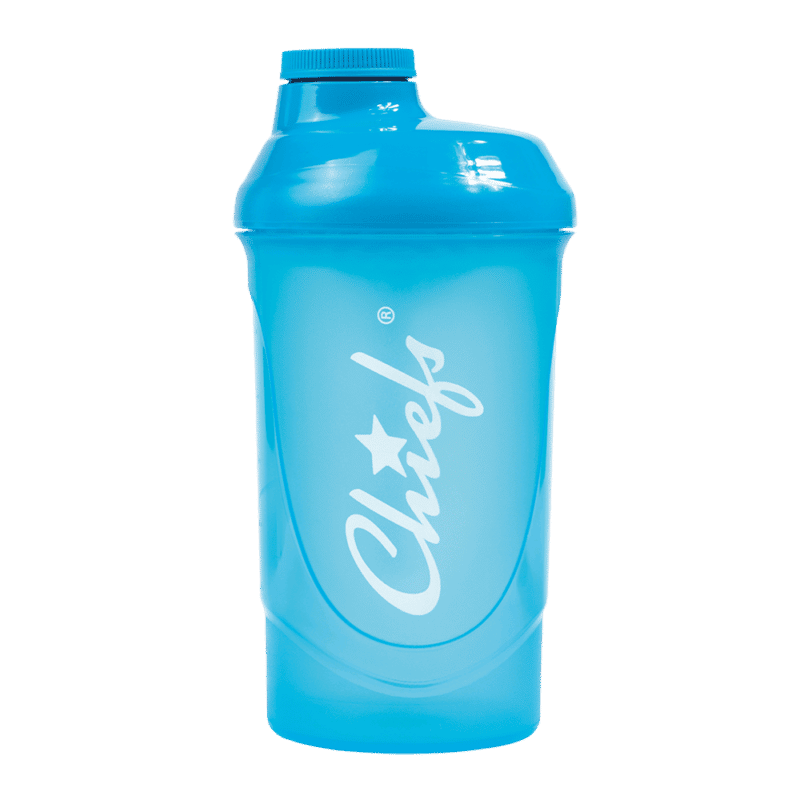 Blue shaker with Chiefs logo for protein shakes