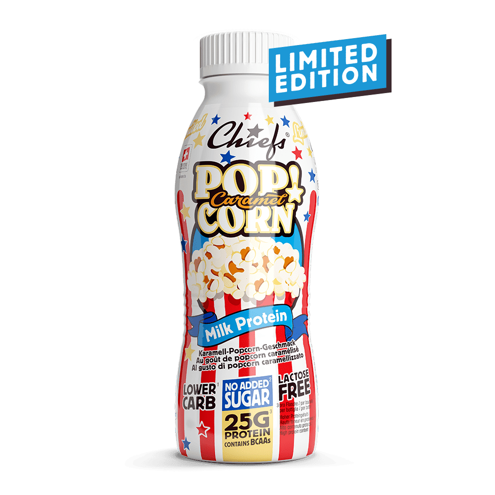 Chiefs Milk Protein Drink Caramel Popcorn Limited Edition front view with shadow
