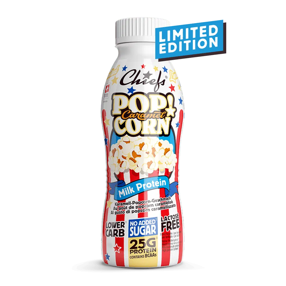 Chiefs Milk Protein Drink Caramel Popcorn Limited Edition vue de face avec ombre