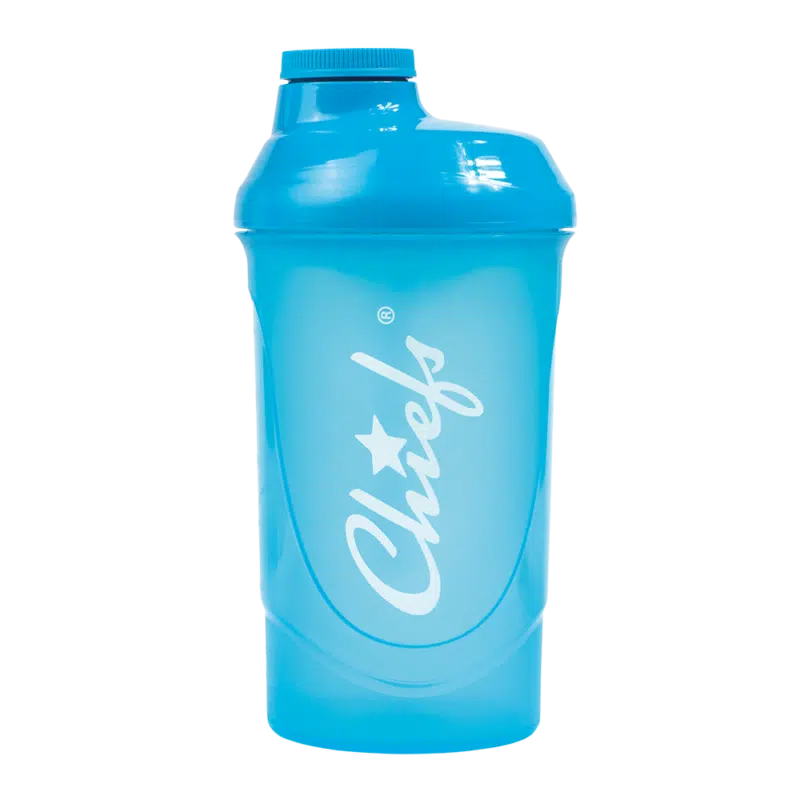 Shaker blu con logo Chiefs per frullati proteici